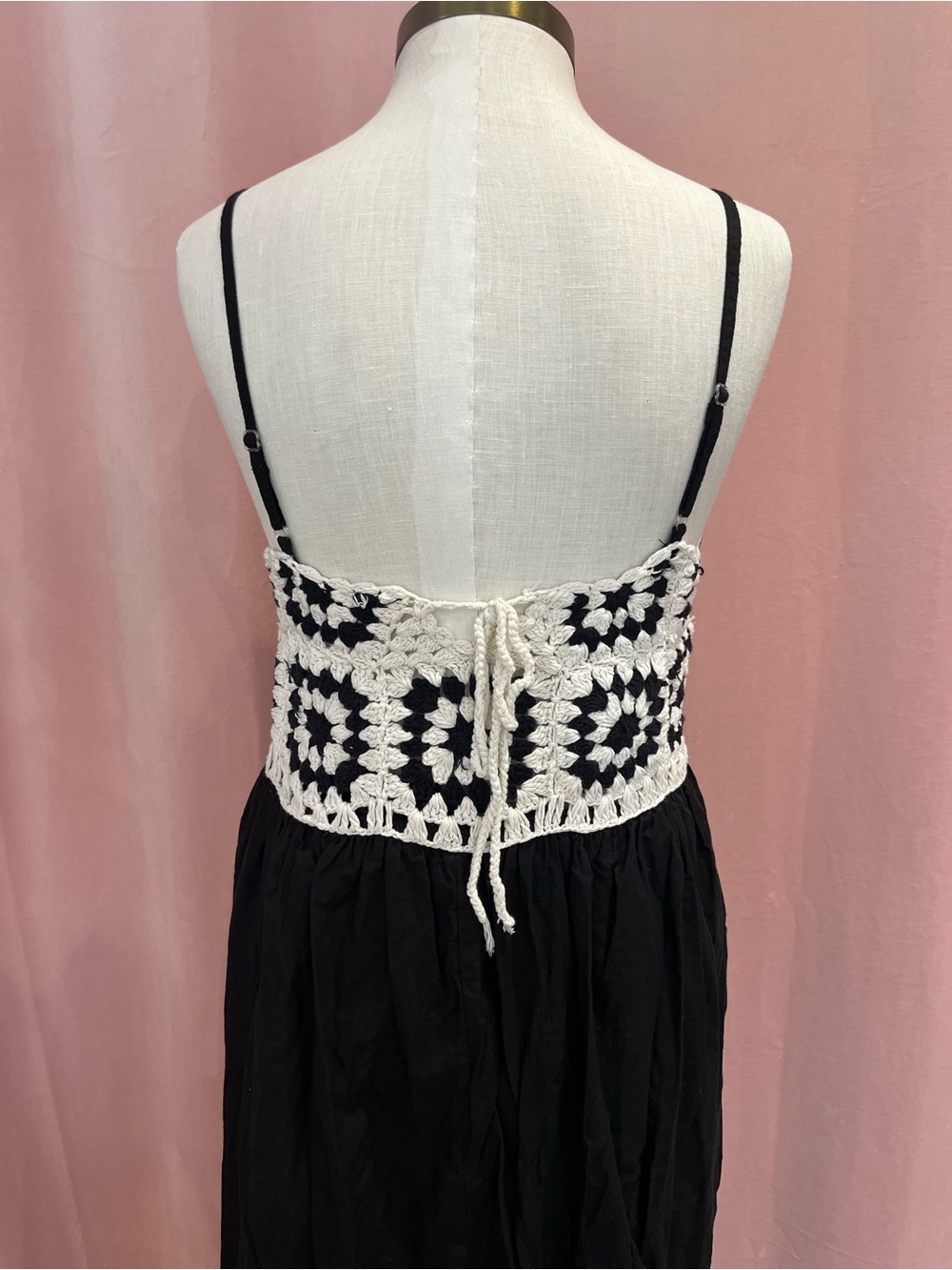 Black & Cream Granny Square Crochet Maxi Dress 100% Cotton Size M - Picture 3 of 7